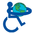 Americans with Disabilities Act symbol: A person in a wheelchair with their arms wrapped around earth.